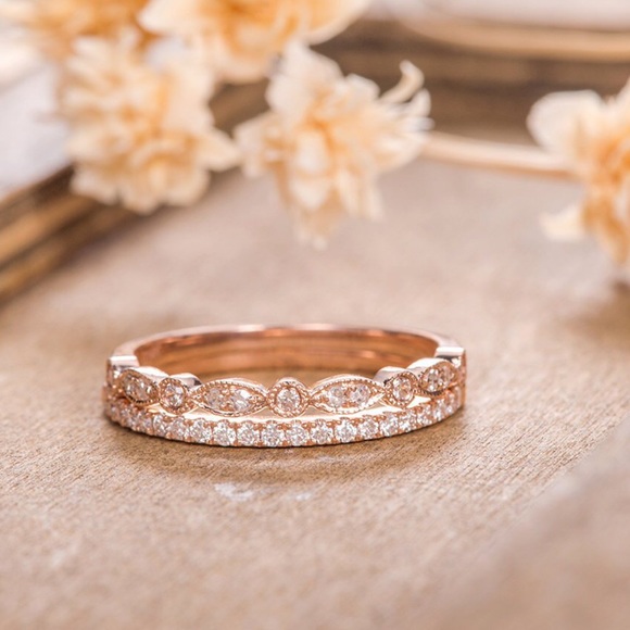 Jewelry 2pcs Rose Gold Wedding Bands Pave Stackable Rings Poshmark